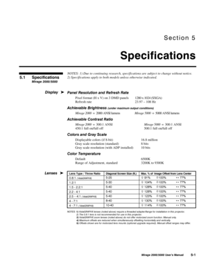 Page 120
	-		
0LUDJH 8VHU·V 0DQXDO NOTES: 1) Due to continuing research, specifications are subject to change without notice.
2) Specifications apply to both models unless otherwise indicated.
3DQHO 5HVROXWLRQ DQG 5HIUHVK 5DWH
P ixel for mat (H x V) on 3 DMD panels 1280 x 1024 (SXGA)
Refresh rate 23.97 – 108 Hz
$FKLHYDEOH %ULJKWQHVVXQGHU PD[LPXP RXWSXW FRQGLWLRQV
Mirage 2000  =  2000 ANSI lumensMirage 5000  =  5000 ANSI lumens
$FKLHYDEOH &RQWUDVW 5DWLR
Mirage 2000  =  300:1 ANSI...