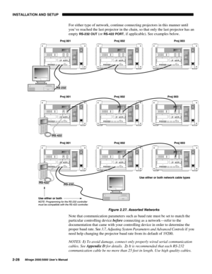 Page 30,167$//$7,21 $1 6(783

0LUDJH 8VHU·V 0DQXDO
For either type of network, continue connecting projectors in this manner until
you’ve reached the last projector in the chain, so that only the last projector has an
empty 
56 287 (or 56 3257, if applicable). See examples below.
)LJXUH  $VVRUWHG 1HWZRUNV
Note that communication parameters such as baud rate must be set to match the
particular controlling device 
before connecting as a network—refer to the
documentation that came with...