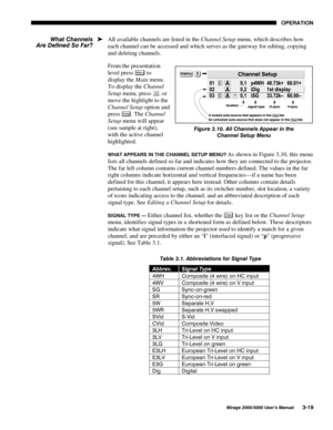 Page 5523(5$7,21
0LUDJH 8VHU·V 0DQXDO
All available channels are listed in the Channel Setup menu, which describes how
each channel can be accessed and which serves as the gateway for editing, copying
and deleting channels.
From the presentation
level press 
0HQX to
display the Main menu.
To display the Channel
Setup menu, press 
, or
move the highlight to the
Channel Setup option and
press 
(QWHU. The Channel
Setup menu will appear
(see sample at right),
with the active channel
highlighted.
:+$7...