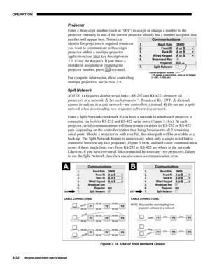 Page 6823(5$7,21

0LUDJH 8VHU·V 0DQXDO
3URMHFWRU
Enter a three-digit number (such as 001) to assign or change a number to the
projector currently in use–if the current projector already has a number assigned, that
number will appear here. Numerical
identity for projectors is required whenever
you want to communicate with a single
projector within a multiple-projector
application (see 
 key description in
3.3, Using the Keypad). If you make a
mistake in assigning or changing the
projector number,...