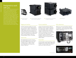 Page 12Rigging and stacking
Christie’s stacking kit enables you to stack 
up to a maximum of three of the projectors 
(equipped with a 1.0kW or 1.2kW lamp) into 
a light-weight, sturdy frame. Customers with 
existing stacking mounts and hardware can 
use the same equipment with Christie J Series 
models. This means that you can effortlessly 
stack a Christie Roadster S+20K with a 
Christie Roadster S+22K-J, for example. 
hybrid stack 
The stacking frame can also connect to 
the integral rigging points on any...