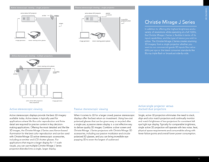 Page 98
tBDtBDChRIS
tIe 3
D
 
a
ctive stereoscopic viewing
 
Active stereoscopic displays provide the best 3D imagery 
available today. Active stereo is typically used for  
applications where life-like color reproduction and finite 
detail are required for precise content in key decision-
making applications. Offering the most detailed and life-like 
3D images, the Christie Mirage J Series uses Xenon-based 
illumination for the best color reproduction and can be used 
with Christie Mirage 3D active...