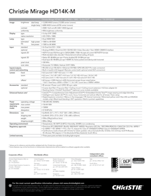Page 1Christie Mirage HD14K-M
Christie Mirage HD14K-M – HD (1920 x 1080) – 3 -chip DLP® – Par t number: 118 - 059105- 02
Image
                           
                            brightness 
dual lamp
•   12,000 ANSI lumens (13,500 center lumens)
single lamp
• 6000 ANSI lumens (6750 center lumens)
contrast
• 2500:1 (full on/off) • 650:1 ANSI (typical)
uniformity
• 90% brightness uniformity
Display type
•   3-chip 0.95" DMD
native resolution
• HD (1920 x 1080)
Lamp  type
• Dual 450W NSH...
