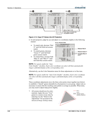 Page 89Section 3: Operation  
3-60 020-100001-01 Rev. 01 (04/07) 
 
Figure 3.14. Copy X/Y Values into All Projectors 
6. In each projector, judge by eye and adjust x/y coordinates slightly in the following 
manner: 
• To match reds, decrease “Red 
X” until full field red screens 
match. 
• To match greens, decrease 
“Green Y” until full field 
green screens match. 
• To match blues, increase both 
“Blue X” and “Blue Y” until 
full field blue screens match. 
NOTE: For speed, enable the “Auto 
Color Enable”...