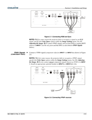 Page 22  Section 2: Installation and Setup 
020-100001-01 Rev. 01 (04/07) 2-13. 
 
Figure 2.7. Connecting RGB and Sync  
NOTES: 1) If for some reason the projector fails to recognize a signal as an RGB 
signal, specify this Color Space option within the Image Settings menu. See 3.5 
Adjusting the Image. 2) To connect YPbPr signals–such as from DVDs or analog HDTV 
sources–to 
INPUT 1, use the red, green and blue BNCs as described in YPbPr Signals 
(below). 
 
Connect a YPbPr signal (component video) to INPUT 1...