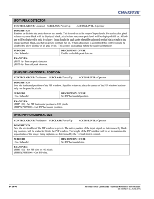 Page 6464 of 90J Series Serial Commands Technical Reference Information020-100796-01 Rev. 1 (10-2011)
(PDT) PEAK DETECTOR 
CONTROL GROUP: Unsaved     SUBCLASS: Power Up           ACCESS LEVEL: Operator
DESCRIPTION
Enables or disables the peak detector test mode. This is used to aid in setup of input levels. For each color, pixel 
values very near black will be displayed black, pixel values very near peak level will be displayed full on. All oth-
ers will be displayed in mid level grey. Input levels for each...