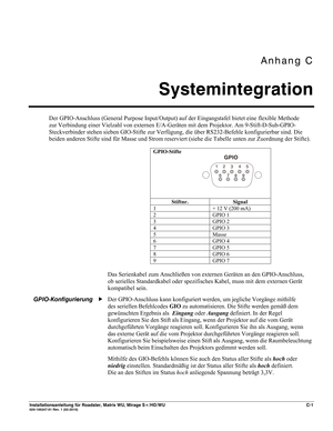 Page 73Anhang C 
Systemintegration 
 
Installationsanleitung für Roadster, Matrix WU, Mirage S+/HD/WU C-1 020-100347-01 Rev. 1 (02-2010) 
Der GPIO-Anschluss (General Purpose Input/Output) auf der Eingangstafel bietet eine flexible Methode 
zur Verbindung einer Vielzahl von externen E/A-Geräten mit dem Projektor. Am 9-Stift-D-Sub-GPIO-
Steckverbinder stehen sieben GIO-Stifte zur Verfügung, die über RS232-Befehle konfigurierbar sind. Die 
beiden anderen Stifte sind für Masse und Strom reserviert (siehe die...