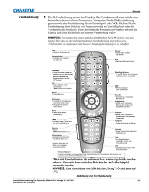 Page 25 Betrieb 
Installationsanleitung für Roadster, Matrix WU, Mirage S+/HD/WU 3-5 020-100347-01 Rev. 1 (02-2010) 
 
Die IR-Fernbedienung steuert den Projektor über Funkkommunikation mittels eines 
batteriebetriebenen Infrarot-Transmitters. Verwenden Sie die IR-Fernbedienung 
genau so wie eine Fernbedienung für ein Fernsehgerät oder VCR. Richten Sie die 
Fernbedienung beim Drücken von Tasten entweder auf den Bildschirm oder die 
Vorderseite des Projektors. Einer der beiden IR-Sensoren am Projektor erkennt die...