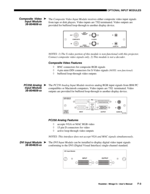 Page 151OPTIONAL INPUT MODULES 
 
Roadster / Mirage S+ User’s Manual F-3 
 
The Composite Video Input Module receives either composite video input signals 
from tape or disk players. Video inputs are 75
S terminated. Video outputs are 
provided for buffered loop-through to another display device. 
 
NOTES: 1) The S-video portion of this module is non-functional with this projector. 
Connect composite video signals only. 2) This module is not a decoder. 
Composite Video Features 
◊ BNC connectors for composite...