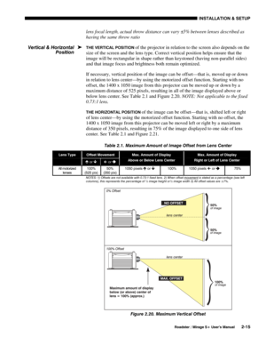 Page 21INSTALLATION & SETUP 
  Roadster / Mirage S+ User’s Manual 2-15 
lens focal length, actual throw distance can vary ±5% between lenses described as 
having the same throw ratio 
THE VERTICAL POSITION of the projector in relation to the screen also depends on the 
size of the screen and the lens type. Correct vertical position helps ensure that the 
image will be rectangular in shape rather than keystoned (having non-parallel sides) 
and that image focus and brightness both remain optimized.  
If...