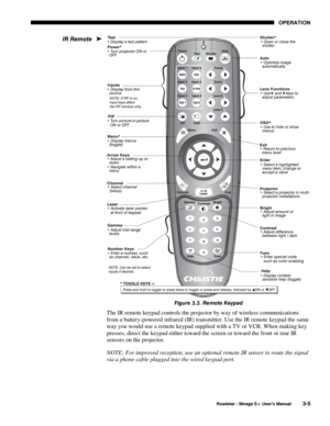 Page 39OPERATION 
  Roadster / Mirage S+ User’s Manual 3-5 
 
Figure 3.3. Remote Keypad 
The IR remote keypad controls the projector by way of wireless communications 
from a battery-powered infrared (IR) transmitter. Use the IR remote keypad the same 
way you would use a remote keypad supplied with a TV or VCR. When making key 
presses, direct the keypad either toward the screen or toward the front or rear IR 
sensors on the projector.  
NOTE: For improved reception, use an optional remote IR sensor to route...