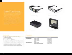 Page 10Provides perspective not possible with traditional 
2D software and tools
Reduces time to market
Excites audiences … WOW! factor
Accelerates understanding and decision making
Enables faster, more intuitive interaction with data
Promotes collaboration and focus on collective strengths
Ensures greater accuracy of concepts and designs
Removes inherent boundaries found in traditional tools
9
3D Accessories
DescriptionPart number
Active stereoscopic Glasses – single
108-407102-XX
Glasses – 5 pack...