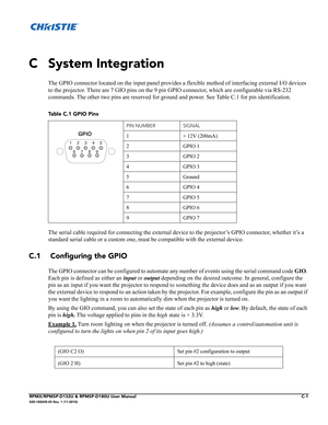 Page 127RPMX/RPMSP-D132U & RPMSP-D180U User ManualC-1020-100245-03 Rev. 1 (11-2010)
C System Integration
The GPIO connector located on the input panel provides a flexible method of interfacing external I/O devices 
to the projector. There are 7 GIO pins on the 9 pin GPIO connector, which are configurable via RS-232 
commands. The other two pins are reserved for ground and power. See Table C.1 for pin identification.
The serial cable required for connecting the external device to the projector’s GPIO connector,...