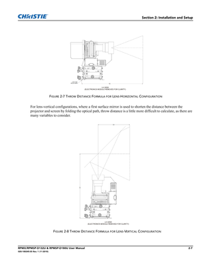 Page 19Section 2: Installation and Setup
RPMX/RPMSP-D132U & RPMSP-D180U User Manual2-7020-100245-03 Rev. 1 (11-2010)
For lens-vertical configurations, where a first surface mirror is used to shorten the distance between the 
projector and screen by folding the optical path, throw distance is a little more difficult to calculate, as there are 
many variables to consider.
FIGURE 2-7 THROW DISTANCE FORMULA FOR LENS-HORIZONTAL CONFIGURATION
FIGURE 2-8 THROW DISTANCE FORMULA FOR LENS-VERTICAL CONFIGURATION 