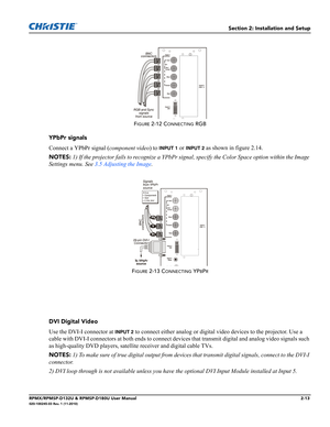 Page 25Section 2: Installation and Setup
RPMX/RPMSP-D132U & RPMSP-D180U User Manual2-13020-100245-03 Rev. 1 (11-2010)
FIGURE 2-12 CONNECTING RGB
YPbPr signals 
Connect a YPbPr signal (component video) to 
INPUT 1 or INPUT 2 as shown in figure 2.14.
NOTES: 1) If the projector fails to recognize a YPbPr signal, specify the Color Space option within the Image 
Settings menu. See 3.5 Adjusting the Image.
FIGURE 2-13 CONNECTING YPBPR
DVI Digital Video
Use the DVI-I connector at 
INPUT 2 to connect either analog or...