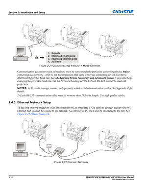 Page 302-18RPMX/RPMSP-D132U & RPMSP-D180U User Manual020-100245-03 Rev. 1 (11-2010)
Section 2: Installation and Setup
Communication parameters such as baud rate must be set to match the particular controlling device before 
connecting as a network—refer to the documentation that came with your controlling device in order to 
determine the proper baud rate. See 3.6, Adjusting System Parameters and Advanced Controls if you need help 
changing the projector baud rate. Set the Network Routing to “RS-232 and RS-422...