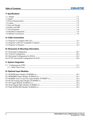 Page 8ivRPMX/RPMSP-D132U & RPMSP-D180U User Manual020-100245-03 Rev. 1 (11-2010)
Table of Contents
7: Specifications
7.1  Display  .......................................................................................................................................7-1
7.2 Inputs  ..........................................................................................................................................7-2
7.3 Power Requirements...