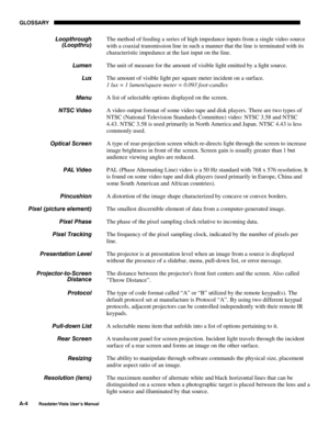 Page 125GLOSSARY
A-4
Roadster/Vista User’s Manual
The method of feeding a series of high impedance inputs from a single video source
with a coaxial transmission line in such a manner that the line is terminated with its
characteristic impedance at the last input on the line.
The unit of measure for the amount of visible light emitted by a light source.
The amount of visible light per square meter incident on a surface.
1 lux = 1 lumen/square meter = 0.093 foot-candles
A list of selectable options displayed on...