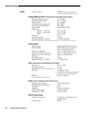 Page 117SPECIFICATIONS
5-2
Roadster/Vista User’s Manual
Number of inputs 2 RGBHV (second input via plug-in module)
2 video, 4 stereo (audio standard on Vista only))
Analog RGB and YPbPr (INTERLACED OR PROGRESSIVE SCAN FORMAT)
Horizontal frequency range * 15 – 120 kHz *
Vertical frequency range 23.97 – 120 Hz
Pixel clock rate 10 – 160 MHz
Active pixels per scan line (H) 640 – 2048
Active lines per frame/field (V) 200 – 2000
Signal format Analog RGB or YP
bPr
Input levels
R,B,G,Y — with sync
R,G,B — without sync...