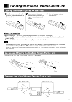 Page 1313
English Français
Deutsch
Español
Handling the Wireless Remote Control Unit
Loading the Batteries (2 size AA batteries)
1Open the battery cover on the back
of wireless remote control unit in the
direction shown.2 Insert two size AA batteries,
making sure that the positive and
negative terminals are correctly
oriented.3Close the battery cover in the
direction shown.
About the Batteries
• Remove the batteries if the wireless remote control unit is not used for an extended period of time.
• When changing...