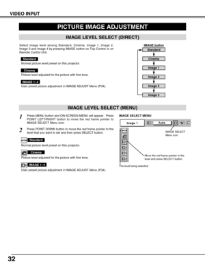 Page 3232
VIDEO INPUT
PICTURE IMAGE ADJUSTMENT
IMAGE LEVEL SELECT (MENU)
Press MENU button and ON-SCREEN MENU will appear.  Press
POINT LEFT/RIGHT button to move the red frame pointer to
IMAGE SELECT Menu icon.1
2
Press POINT DOWN button to move the red frame pointer to the
level that you want to set and then press SELECT button.
Move the red frame pointer to the
level and press SELECT button.
The level being selected.
IMAGE SELECT MENU
Normal picture level preset on this projector.
Standard
Picture level...