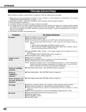 Page 4040
APPENDIX
TROUBLESHOOTING
Before calling your dealer or service center for assistance, check the matters below once again.
1. Make sure you have connected a projector to your computer or video equipment as described in the section
CONNECTING THE PROJECTOR  on pages 11 ~ 13.
2. Check cable connection.  Verify that all computer, video and power cord are properly connected.
3. Verify that all power is switched on.
4. If a projector still does not produce an image, re-start your computer.
5. If an image...