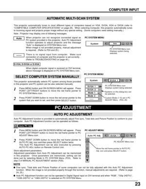 Page 2323
COMPUTER INPUT
This projector automatically tunes to most different types of computers based on VGA, SVGA, XGA or SXGA (refer to
“COMPATIBLE COMPUTER SPECIFICATIONS” on page 26).  When selecting Computer, this projector automatically tunes
to incoming signal and projects proper image without any special setting.  (Some computers need setting manually.)
Note : Projector may display one of following messages.
When projector can not recognize connected signal as
PC system provided in this projector, Auto...