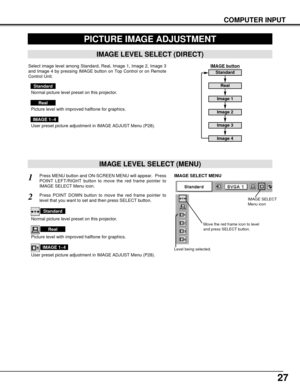 Page 2727
COMPUTER INPUT
PICTURE IMAGE ADJUSTMENT
IMAGE LEVEL SELECT (MENU)
Press MENU button and ON-SCREEN MENU will appear.  Press
POINT LEFT/RIGHT button to move the red frame pointer to
IMAGE SELECT Menu icon.1
2Press POINT DOWN button to move the red frame pointer to
level that you want to set and then press SELECT button.
Move the red frame icon to level
and press SELECT button.
Level being selected.
IMAGE SELECT MENU
Normal picture level preset on this projector.
Standard
Picture level with improved...