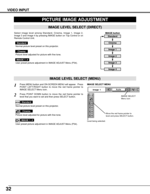 Page 3232
VIDEO INPUT
PICTURE IMAGE ADJUSTMENT
IMAGE LEVEL SELECT (MENU)
Press MENU button and ON-SCREEN MENU will appear.  Press
POINT LEFT/RIGHT button to move the red frame pointer to
IMAGE SELECT Menu icon.1
2Press POINT DOWN button to move the red frame pointer to
level that you want to set and then press SELECT button.
Move the red frame pointer to
level and press SELECT button.
Level being selected.
IMAGE SELECT MENU
Normal picture level preset on this projector.
Standard
Picture level adjusted for...