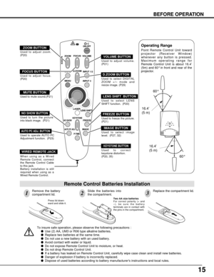 Page 1515
BEFORE OPERATION
To insure safe operation, please observe the following precautions :
Use (2) AA, UM3 or R06 type alkaline batteries.
Replace two batteries at the same time.
Do not use a new battery with an used battery.
Avoid contact with water or liquid.
Do not expose Remote Control Unit to moisture, or heat.
Do not drop Remote Control Unit.
If a battery has leaked on Remote Control Unit, carefully wipe case clean and install new batteries.
Danger of explosion if battery is incorrectly...