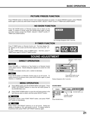 Page 2121
BASIC OPERATION
Press FREEZE button on Remote Control Unit to freeze the picture on-screen. To cancel FREEZE function, press FREEZE
button again or press any other button except the POINT, SELECT, RIGHT CLICK, P-TIMER and LASER buttons.
Press NO SHOW button on Remote Control Unit to black out the
image. To restore to normal, press NO SHOW button again or press
any other button except the POINT, SELECT, RIGHT CLICK, P-
TIMER and LASER buttons.
NO SHOW FUNCTION
PICTURE FREEZE FUNCTION
The message...