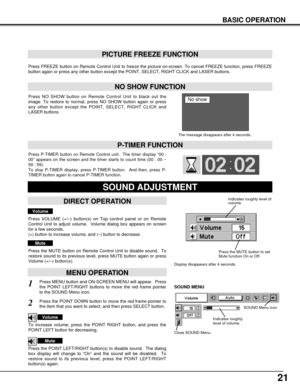 Page 2121
BASIC OPERATION
Press FREEZE button on Remote Control Unit to freeze the picture on-screen. To cancel FREEZE function, press FREEZE
button again or press any other button except the POINT, SELECT, RIGHT CLICK and LASER buttons.
Press NO SHOW button on Remote Control Unit to black out the
image. To restore to normal, press NO SHOW button again or press
any other button except the POINT, SELECT, RIGHT CLICK and
LASER buttons.
NO SHOW FUNCTION
PICTURE FREEZE FUNCTION
The message disappears after 4...