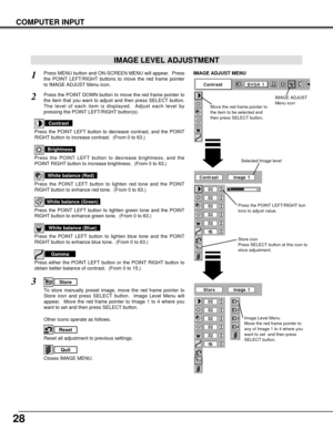 Page 2828
COMPUTER INPUT
Press the POINT LEFT/RIGHT but-
tons to adjust value.
Reset all adjustment to previous settings.
Reset
Store
Closes IMAGE MENU.
Quit
Other icons operate as follows.
Press MENU button and ON-SCREEN MENU will appear.  Press
the POINT LEFT/RIGHT buttons to move the red frame pointer
to IMAGE ADJUST Menu icon.1
2Press the POINT DOWN button to move the red frame pointer to
the item that you want to adjust and then press SELECT button.
The level of each item is displayed.  Adjust each level...