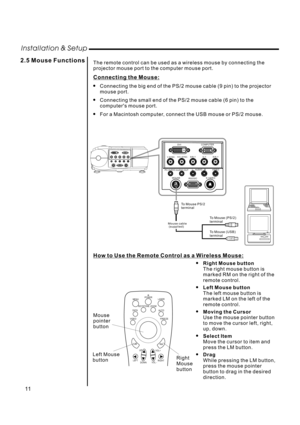 Page 13The remote control can be used as a wireless mouse by connecting the
projector mouse port to the computer mouse port.
Connecting the big end of the PS/2 mouse cable (9 pin) to the projector
mouse port.
Connecting the small end of the PS/2 mouse cable (6 pin) to the
computers mouse port.
For a Macintosh computer, connect the USB mouse or PS/2 mouse.
Connecting the Mouse:
How to Use the Remote Control as a Wireless Mouse:







Right Mouse button
Left Mouse button
Moving the Cursor
Select Item...