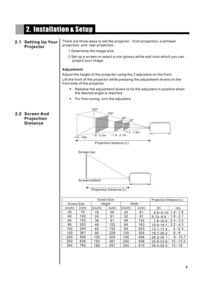 Page 6There are three ways to set the projector: front projection, overhead
projection, and rear projection.
1.Determine the image size.
2.Set up a screen or select a non-glossy white wall onto which you can
project your image.
Adjust the height of the projector using the 2 adjusters on the front.
Lift the front of the projector while pressing the adjustment levers on the
front side of the projector.
Release the adjustment levers to fix the adjusters in position when
the desired angle is reached.
For...