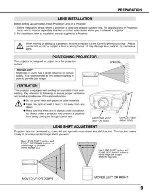 Page 99
PREPARATION
POSITIONING PROJECTOR
Before setting up a projector, install Projection Lens on a Projector.
1. Before installation, check where a projector is used and prepare suitable lens. For specifications of Projection
Lens, refer to manual separately attached or contact sales dealer where you purchased a projector.
2. For installation, refer to installation manual supplied to a Projector.
LENS INSTALLATION
When moving or setting up a projector, be sure to replace a Lens Cover to protect a surface....