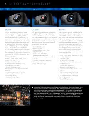 Page 109 
Truly digital solutions with stunning, bright, bold images
3–CHIP DLP® TECHNOLOGY
DW Series
The DW Series delivers exceptional image 
quality and detail in a choice of four compact 
packages. With a range of 4000 to 7000 
ANSI lumens delivered in a native 1280 x 720 
widescreen format – it’s the pinnacle of image 
color accuracy and adjustability in an easy-to-use, 
flexible package. With a variable contrast ratio 
of 1600-2000:1, DLP
® technology, high-quality 
optics and 10-bit image processing, the...