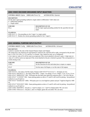 Page 4242 of 90J Series Serial Commands Technical Reference Information020-100796-01 Rev. 1 (10-2011)
(GID) VIDEO DECODER GROUNDED INPUT SELECTION 
CONTROL GROUP: Option     SUBCLASS: Power Up           ACCESS LEVEL: Operator
DESCRIPTION
Set the input signal grounding method to single-ended or differential. Valid values are: 
0 = Differential (default) 
1 = Single-ended 
SUBCODE
SLxy
DESCRIPTION OF USE
Set the input signal grounding method for the specified slot and 
input.
EXAMPLES:
(GID+SL31 1) - Set...