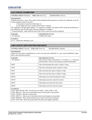 Page 53J Series Serial Commands Technical Reference Information53 of 90020-100796-01 Rev. 1 (10-2011)
(LLC) LITELOC CALIBRATION 
CONTROL GROUP: Preference     SUBCLASS: Power Up           ACCESS LEVEL: Service
DESCRIPTION
Calibrate the LiteLoc sensor. This control will be disabled until the projector is ready to be calibrated, so the fol-
lowing conditions must be met first:
i) The projector must have Dual lamps on.
ii) The lamps must have warmed up for at least 5 minutes.
The calibration will take...