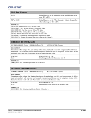 Page 23J Series Serial Commands Technical Reference Information23 of 90020-100796-01 Rev. 1 (10-2011)
(BLD) Blue Drive con’t
MAIN Set the blue drive on the main video to the specified value in the 
range -255 to 255. 
PIIP or SECD  Set the blue drive on the PIP or Secondary video to the specified 
value in the range of -255 to 255.
EXAMPLES:
(BLD 128) - Set blue drive to 128 on main video. 
(BLD+MAIN 128) - Set blue drive to 128 on main video.
(BLD+PIIP 100) - Set blue drive to 100 on PIP video. 
(BLD+IN32 100)...