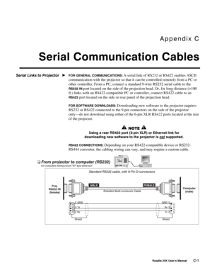 Page 167Appendix C 
Serial Communication Cables 
 
  Roadie 25K User’s Manual C-1 
FOR GENERAL COMMUNICATIONS: A serial link of RS232 or RS422 enables ASCII 
communication with the projector so that it can be controlled remotely from a PC or 
other controller. From a PC, connect a standard 9-wire RS232 serial cable to the 
RS232 IN port located on the side of the projection head. Or, for long-distance (>100 
ft.) links with an RS422-compatible PC or controller, connect RS422 cable to an 
RS422 port located on...