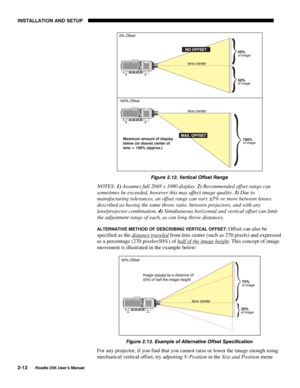 Page 18INSTALLATION AND SETUP 
2-12 
Roadie 25K User’s Manual 
 
Figure 2.12. Vertical Offset Range 
NOTES: 1) Assumes full 2048 x 1080 display. 2) Recommended offset range can 
sometimes be exceeded, however this may affect image quality. 3) Due to 
manufacturing tolerances, an offset range can vary ±5% or more between lenses 
described as having the same throw ratio, between projectors, and with any 
lens/projector combination. 4) Simultaneous horizontal and vertical offset can limit 
the adjustment range of...