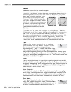 Page 86 OPERATION 
3-30 
Roadie 25K User’s Manual  
Gamma 
(
SHORT CUT: Press Gamma and adjust the slidebar.) 
“Gamma” is a global setting that determines what gray shades are displayed between 
minimum input (black) and maximum input (white) for all signals. A good gamma 
setting helps to optimize blacks and whites 
while ensuring smooth transitions for the 
“in-between” values utilized in other colors. 
Thus, unlike brightness and contrast settings 
controls, the overall tone of your images can 
be lightened...