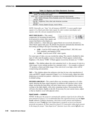 Page 88 OPERATION 
3-32 
Roadie 25K User’s Manual  
Table 3.3. Regions and Video Standards: Summary 
StandardWhere Used (SUBJECT-TO-CHANGE) 
NTSC N. America and Japan 
NTSC 4.43 A tape-only standard for partially-translated hybrid signals 
PAL Most of Europe, China, Australia, some of S. America, some of Africa 
PAL-M Brazil 
PAL-NC Argentina, Chile, other Latin American countries 
PAL 60  
SECAM France, Eastern Europe, most of Africa 
NOTE: Generally, use “Auto” for all instances EXCEPT: 1) a poor quality...
