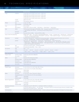 Page 66TECHNICAL SPECIFICATIONS Technical Specifications
Roadie HD+35K
Image brightness
32,500 ANSI lumens (35,000 Center lumens) – 6.0kW Lamp
27,000 ANSI lumens (29,000 Center lumens) – 4.5kW Lamp
18,000 ANSI lumens (19,500 Center lumens) – 3.0kW Lamp
12,000 ANSI lumens (13,000 Center lumens) – 2.0kW Lamp
contrast 2000:1 (full on/of f)
uniformity 90% brightness uniformit y 
Display type
3-chip 1.25" DMD 
native resolution DC2K (2048 x 1080)
Lamp type
Xenon bubble*
typical lifetime 6.0kW 1000 hrs (750 hrs...