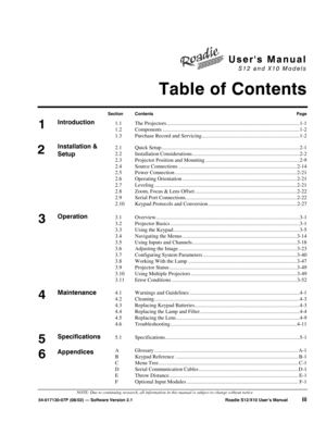 Page 1Users Manual
S12 and X10 Models
Table of Contents
54-017130-07P (08/02) — Software Version 2.1 Roadie S12/X10 User’s Manualiii
Section ContentsPage
1.1 The Projectors ...................................................................................................1-1
1.2 Components ......................................................................................................1-2
1.3 Purchase Record and Servicing.........................................................................1-2
2.1...