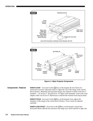 Page 37OPERATION
3-2
Roadie S12/X10 User’s Manual
Figure 3.1. Basic Projector Components
REMOTE ZOOM  - Accessed via the Lens key on the keypad, the lens barrel of a
motorized zoom lens (optional) rotates to adjust the size of the image at the current
throw distance. Minimum and maximum image sizes depend on which zoom lens is
installed — see Section 5, Specifications. To adjust zoom manually, remove the zoom
adapter collar (see Section 4, Maintenance) and turn the textured zoom ring by hand.
REMOTE FOCUS -...