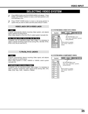 Page 3535
VIDEO INPUT
AV SYSTEM MENU (VIDEO OR S-VIDEO)
AV SYSTEM MENU (COMPONENT VIDEO)
SELECTING VIDEO SYSTEM
Press MENU button and ON-SCREEN MENU will appear.  Press
POINT LEFT/RIGHT buttons to move a red frame pointer to AV
SYSTEM Menu icon.
Press POINT DOWN button to move a red arrow pointer to
system that you want to select and then press SELECT button.
1
2
If projector can not reproduce proper video image, it is necessary to
select a specific broadcast signal format among PAL, SECAM, NTSC,
NTSC 4.43,...