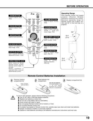 Page 1919
To insure safe operation, please observe following precautions :
Use (2) AA, UM3 or R06 type alkaline batteries.
Replace two batteries at same time.
Do not use a new battery with an used battery.
Avoid contact with water or liquid.
Do not expose Remote Control Unit to moisture, or heat.
Do not drop Remote Control Unit.
If a battery has leaked on Remote Control Unit, carefully wipe case clean and install new batteries.
Danger of explosion if battery is incorrectly replaced.
Dispose of used...