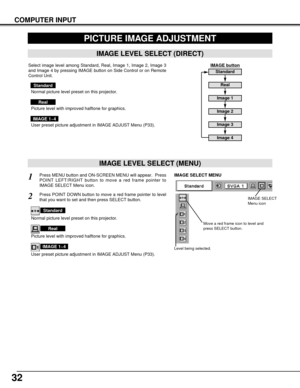 Page 3232
COMPUTER INPUT
PICTURE IMAGE ADJUSTMENT
IMAGE LEVEL SELECT (MENU)
Press MENU button and ON-SCREEN MENU will appear.  Press
POINT LEFT/RIGHT button to move a red frame pointer to
IMAGE SELECT Menu icon.1
2Press POINT DOWN button to move a red frame pointer to level
that you want to set and then press SELECT button.
Move a red frame icon to level and
press SELECT button.
Level being selected.
IMAGE SELECT MENU
Normal picture level preset on this projector.
Standard
Picture level with improved halftone...